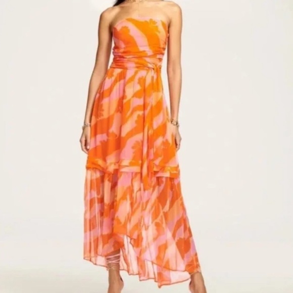 Ramy Brook Bernadette Midi Dress Strapless Floral Orange Pink Size 2 - Picture 1 of 9
